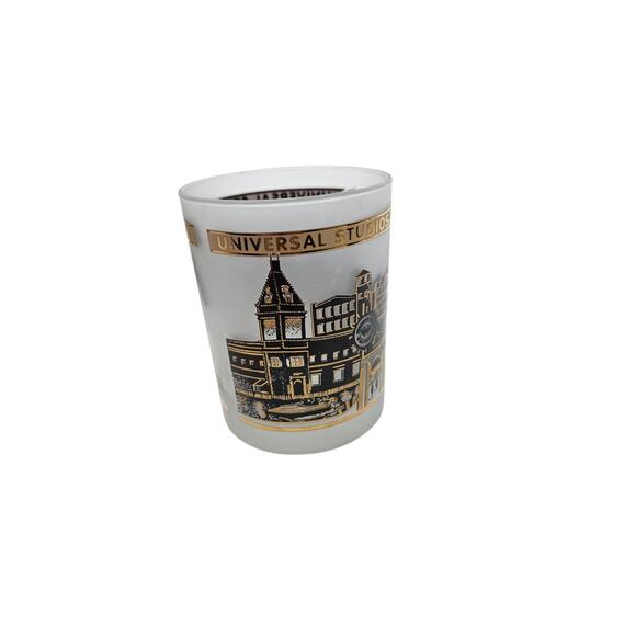 Vintage 90s Universal Studios Frosted Rocks Glass Park Black Gold Nostalgia - Picture 3 of 6